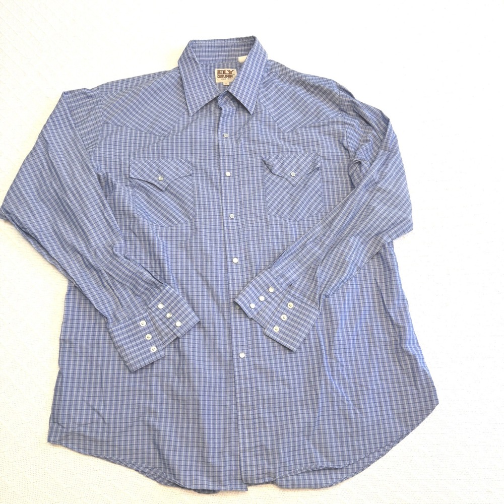 VTG Ely Cattleman Mens XL Blue Plaid Pearl Snap Western Cowboy Shirt Vintage